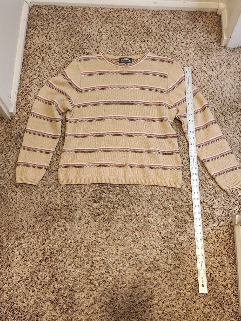 Woolrich Sweater Womens Large Tan Ramie Striped Long Sleeve Cottagecore Knit
